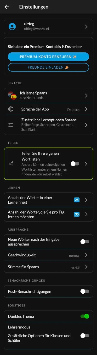 Der neue Einstellungsbildschirm von Wozzol